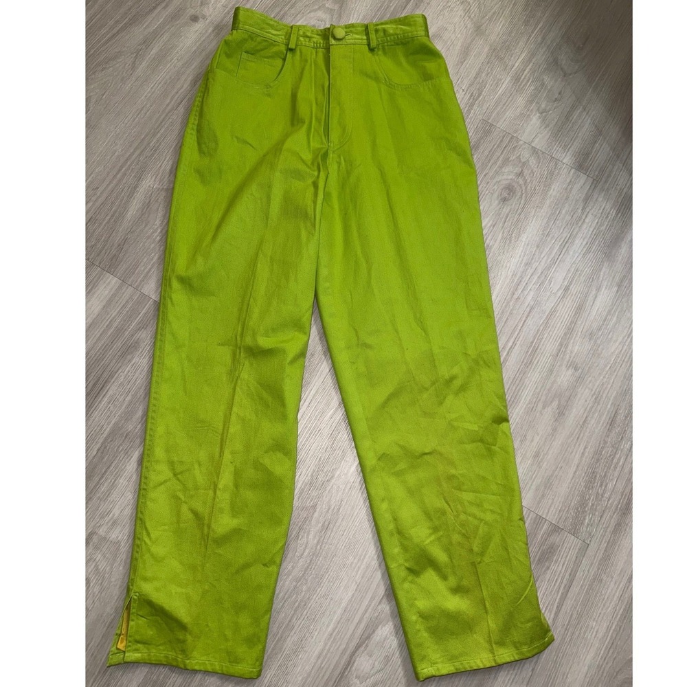 Vintage Bouillabaisse Deborah Lime Green High Waist Cotton Straight Leg Pants 12 - Picture 2 of 10